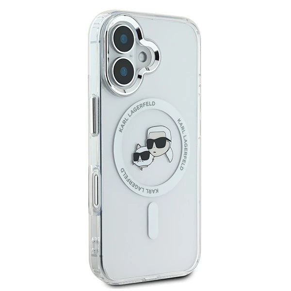 Coque MagSafe pour Apple iPhone 16, Karl Lagerfeld, IML Métal Karl & Choupette's Heads, Blanche