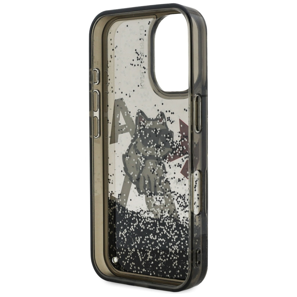 Coque MagSafe pour Apple iPhone 16, Karl Lagerfeld, Liquid Glitter Choupette Logo, Noire
