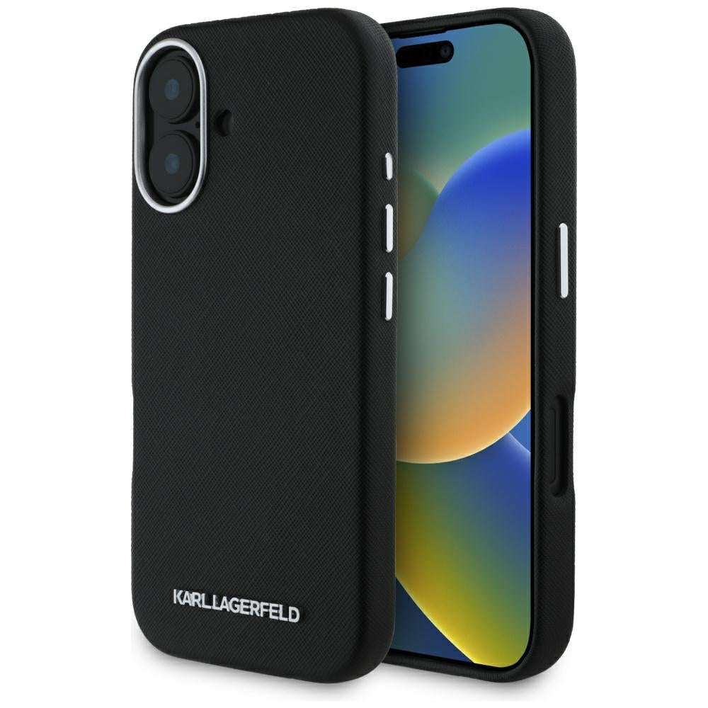 Custodia MagSafe per Apple iPhone 16, Karl Lagerfeld, Saffiano Full Wrapped Elongated Metal Logo, Nera