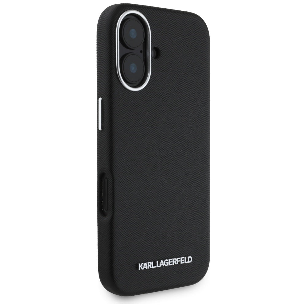 Custodia MagSafe per Apple iPhone 16, Karl Lagerfeld, Saffiano Full Wrapped Elongated Metal Logo, Nera