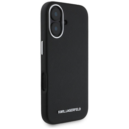 Custodia MagSafe per Apple iPhone 16, Karl Lagerfeld, Saffiano Full Wrapped Elongated Metal Logo, Nera