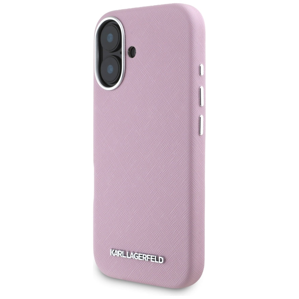 MagSafe Hülle für Apple iPhone 16, Karl Lagerfeld, Saffiano Full Wrapped Elongated Metal Logo, Rosa