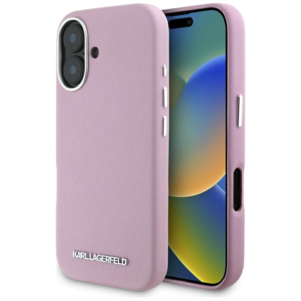 MagSafe Hülle für Apple iPhone 16, Karl Lagerfeld, Saffiano Full Wrapped Elongated Metal Logo, Rosa