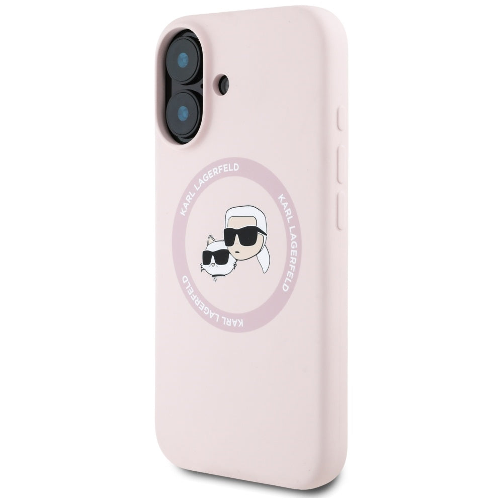 Coque MagSafe pour Apple iPhone 16, Karl Lagerfeld, Silicone Karl & Choupette's Heads, Rose