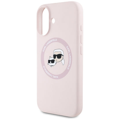 Coque MagSafe pour Apple iPhone 16, Karl Lagerfeld, Silicone Karl & Choupette's Heads, Rose