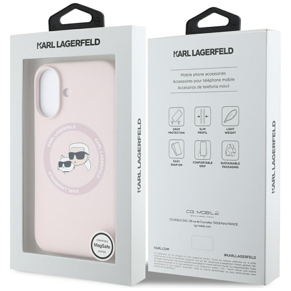Coque MagSafe pour Apple iPhone 16, Karl Lagerfeld, Silicone Karl & Choupette's Heads, Rose