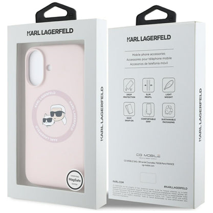Coque MagSafe pour Apple iPhone 16, Karl Lagerfeld, Silicone Karl & Choupette's Heads, Rose