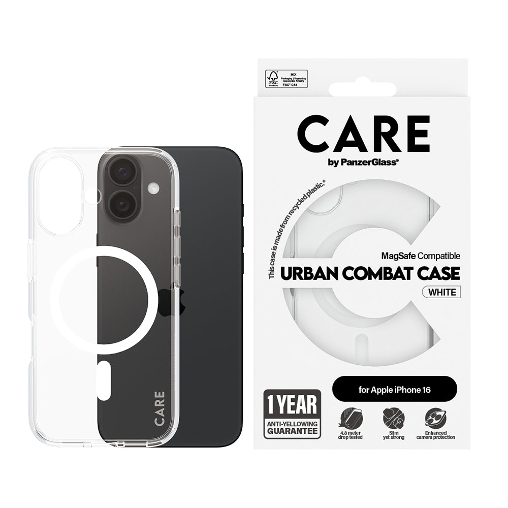 Coque MagSafe pour Apple iPhone 16, PanzerGlass, Care Urban Combat, Transparente Blanche