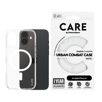 Coque MagSafe pour Apple iPhone 16, PanzerGlass, Care Urban Combat, Transparente Blanche