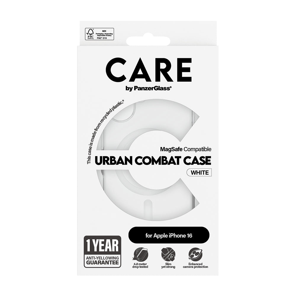 Coque MagSafe pour Apple iPhone 16, PanzerGlass, Care Urban Combat, Transparente Blanche