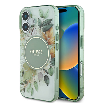 Étui MagSafe pour Apple iPhone 16 Plus, Guess, IML Flower & Tonal Circle, Vert