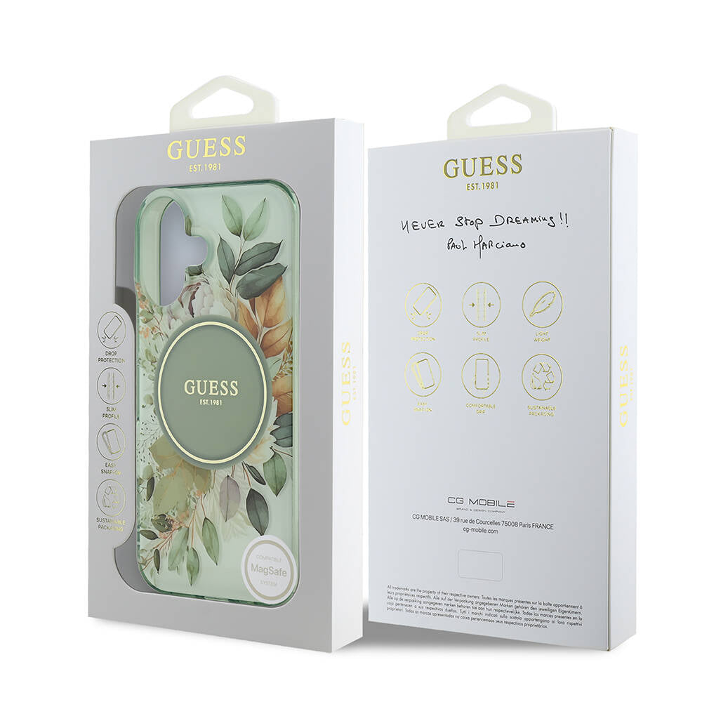 Étui MagSafe pour Apple iPhone 16 Plus, Guess, IML Flower & Tonal Circle, Vert