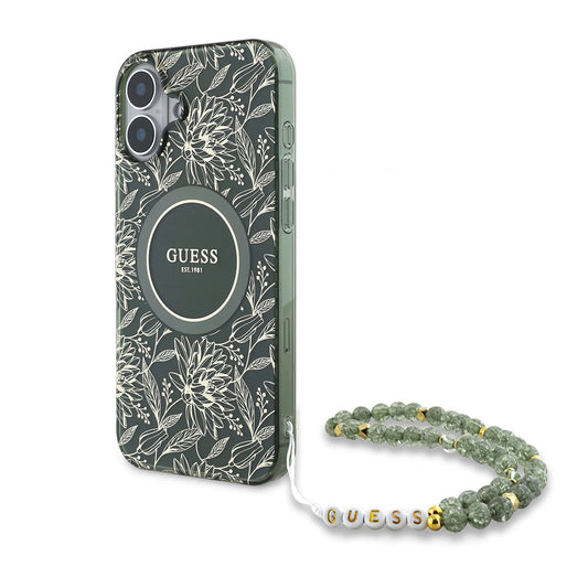 Housse MagSafe pour Apple iPhone 16 Plus, Guess, IML Flowers Allover Electroplated with Pearl Strap, Vert