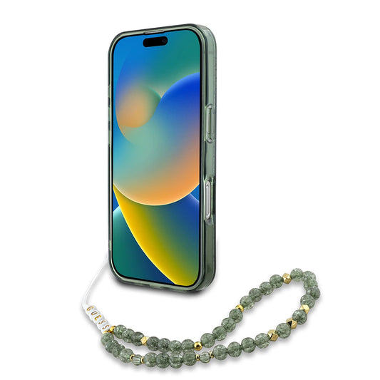 Housse MagSafe pour Apple iPhone 16 Plus, Guess, IML Flowers Allover Electroplated with Pearl Strap, Vert