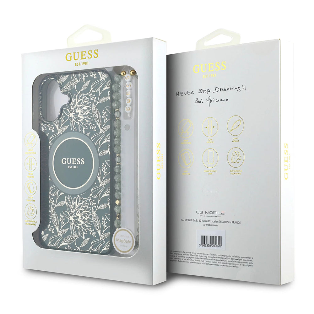 MagSafe Hülle für Apple iPhone 16 Plus, Guess, IML Flowers Allover Electroplated with Pearl Strap, Grün