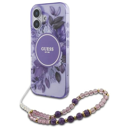 Étui MagSafe pour Apple iPhone 16 Plus, Guess, IML Flowers with Pearl Strap, Violet