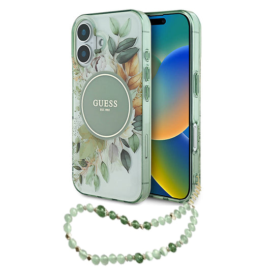 Coque MagSafe pour Apple iPhone 16 Plus, Guess, IML Flowers with Pearl Strap, Vert