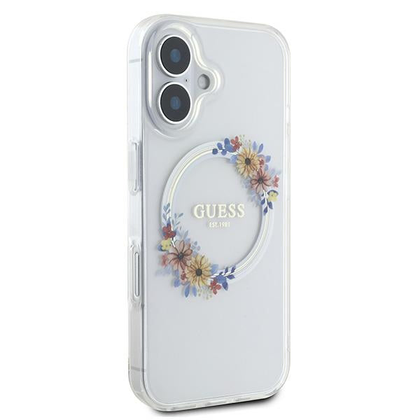Étui MagSafe pour Apple iPhone 16 Plus, Guess, IML Flowers Wreath, Transparent