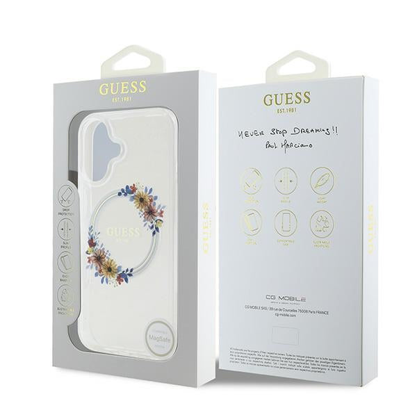 Étui MagSafe pour Apple iPhone 16 Plus, Guess, IML Flowers Wreath, Transparent