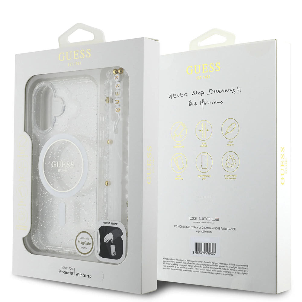 Custodia MagSafe per Apple iPhone 16 Plus, Guess, IML Glitter con Cinturino di Perle, Trasparente