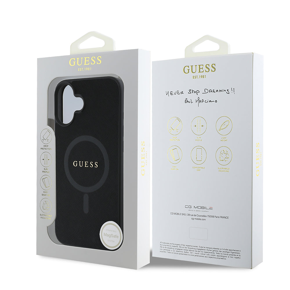 Étui MagSafe pour Apple iPhone 16 Plus, Guess, Saffiano Classic Logo, Noir