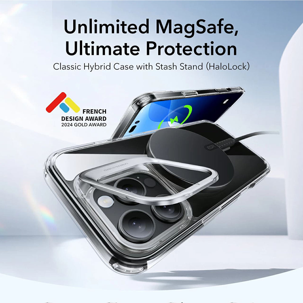 Custodia MagSafe per Apple iPhone 16 Pro, ESR, Classic Hybrid Kickstand, Nera Trasparente