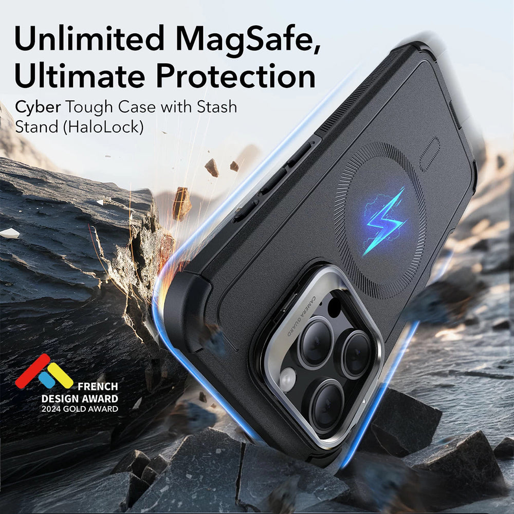 Custodia MagSafe per Apple iPhone 16 Pro, ESR, Cyber Armor Kickstand, Nera