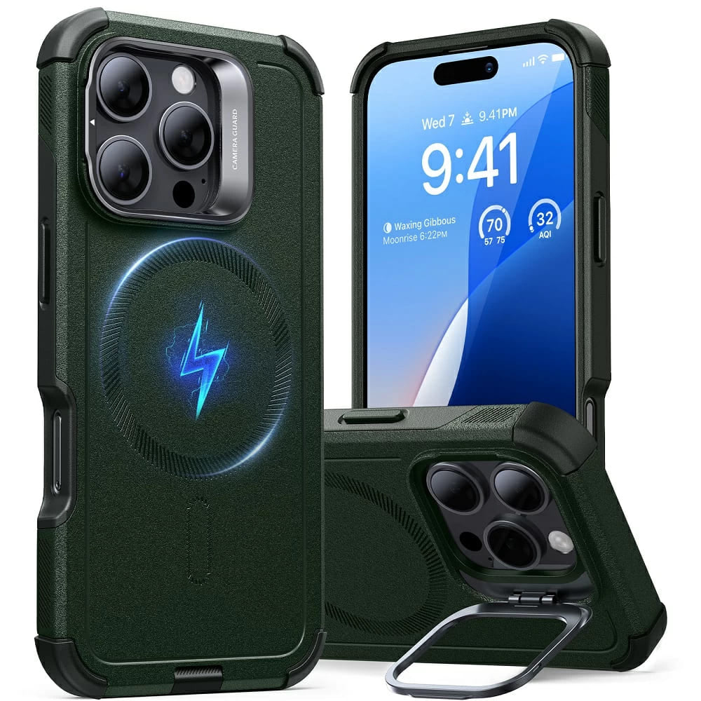 Custodia MagSafe per Apple iPhone 16 Pro, ESR, Cyber Armor Kickstand, Verde