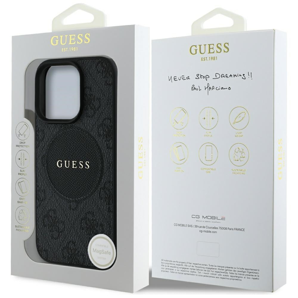 Étui MagSafe pour Apple iPhone 16 Pro, Guess, Logo Classique Cercle 4G, Noir
