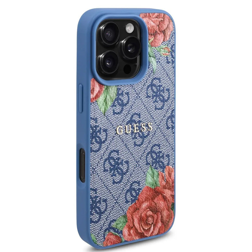 MagSafe Case for Apple iPhone 16 Pro, Guess, 4G Flowers Print, Blue