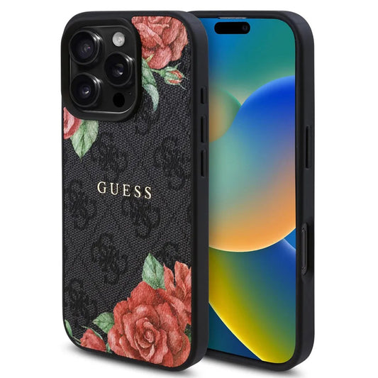 Coque MagSafe pour Apple iPhone 16 Pro, Guess, Imprimé Fleurs 4G, Noire