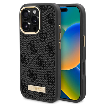 Custodia MagSafe per Apple iPhone 16 Pro, Guess, 4G Logo Plate, Nera