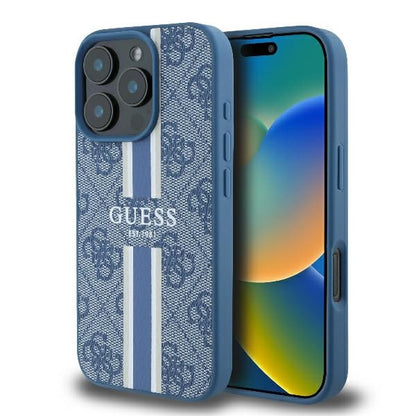 Custodia MagSafe per Apple iPhone 16 Pro, Guess, 4G Printed Stripes, Blu