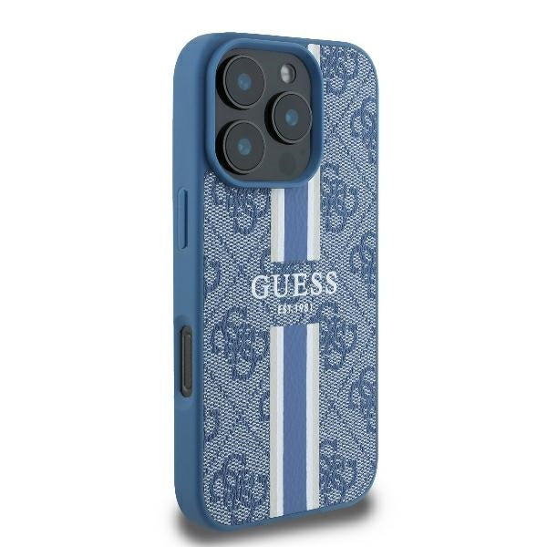 Custodia MagSafe per Apple iPhone 16 Pro, Guess, 4G Printed Stripes, Blu