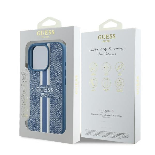 Custodia MagSafe per Apple iPhone 16 Pro, Guess, 4G Printed Stripes, Blu