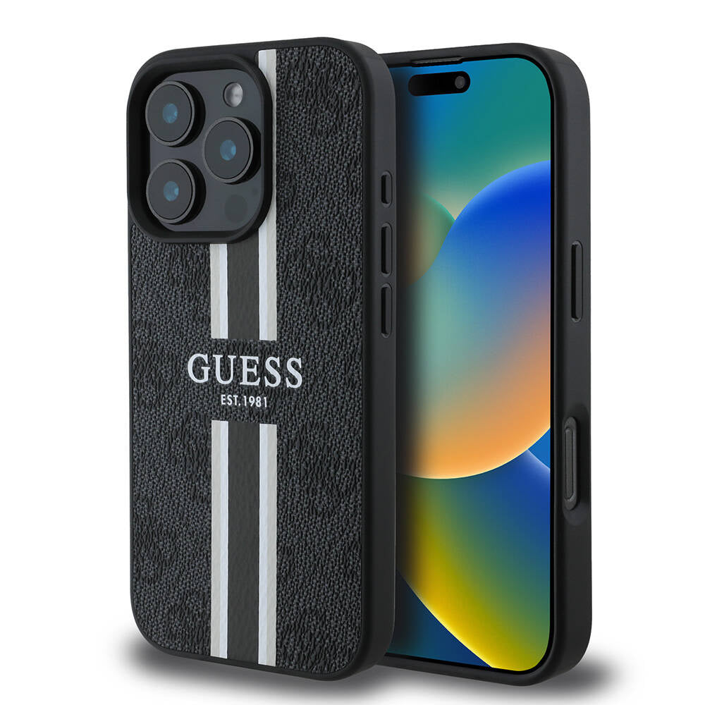 Custodia MagSafe per Apple iPhone 16 Pro, Guess, 4G Printed Stripes, Nera