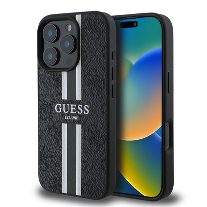 Custodia MagSafe per Apple iPhone 16 Pro, Guess, 4G Printed Stripes, Nera