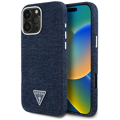 Coque MagSafe pour Apple iPhone 16 Pro, Guess, Logo Triangle en Denim, Bleue