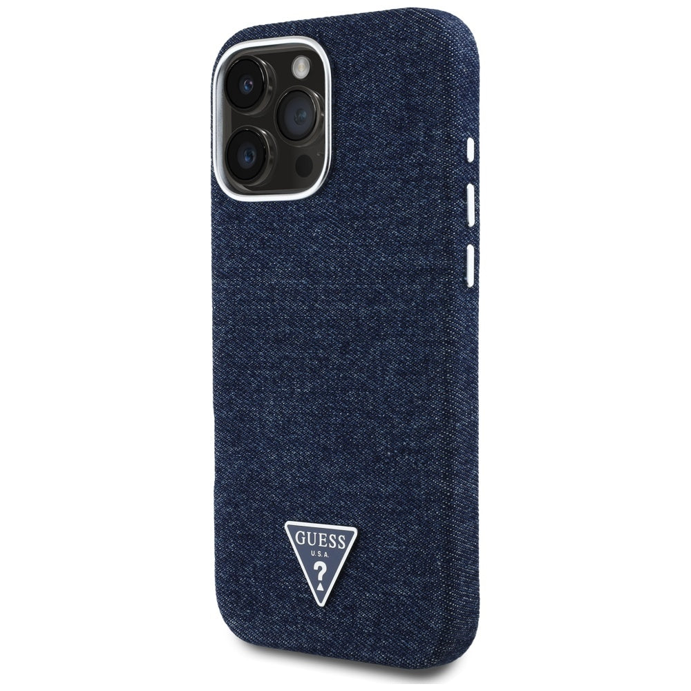 Coque MagSafe pour Apple iPhone 16 Pro, Guess, Logo Triangle en Denim, Bleue