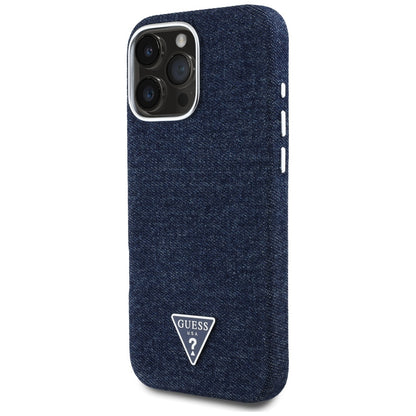 Coque MagSafe pour Apple iPhone 16 Pro, Guess, Logo Triangle en Denim, Bleue