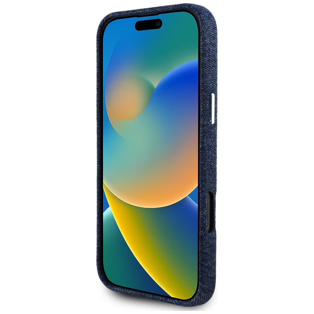 Coque MagSafe pour Apple iPhone 16 Pro, Guess, Logo Triangle en Denim, Bleue