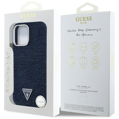Coque MagSafe pour Apple iPhone 16 Pro, Guess, Logo Triangle en Denim, Bleue