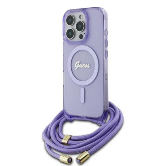 Étui MagSafe pour Apple iPhone 16 Pro, Guess, IML Crossbody Cord Script, Violet