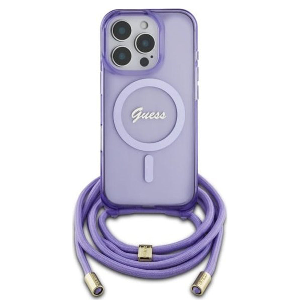 Étui MagSafe pour Apple iPhone 16 Pro, Guess, IML Crossbody Cord Script, Violet