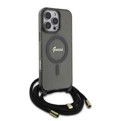 Étui MagSafe pour Apple iPhone 16 Pro, Guess, IML Crossbody Cord Script, Noir