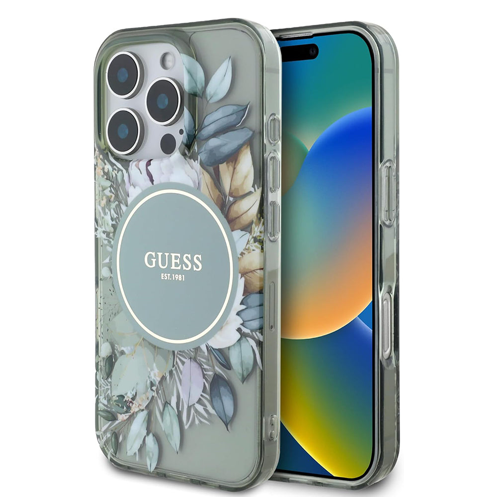 Coque MagSafe pour Apple iPhone 16 Pro, Guess, IML Flower & Tonal Circle, Vert