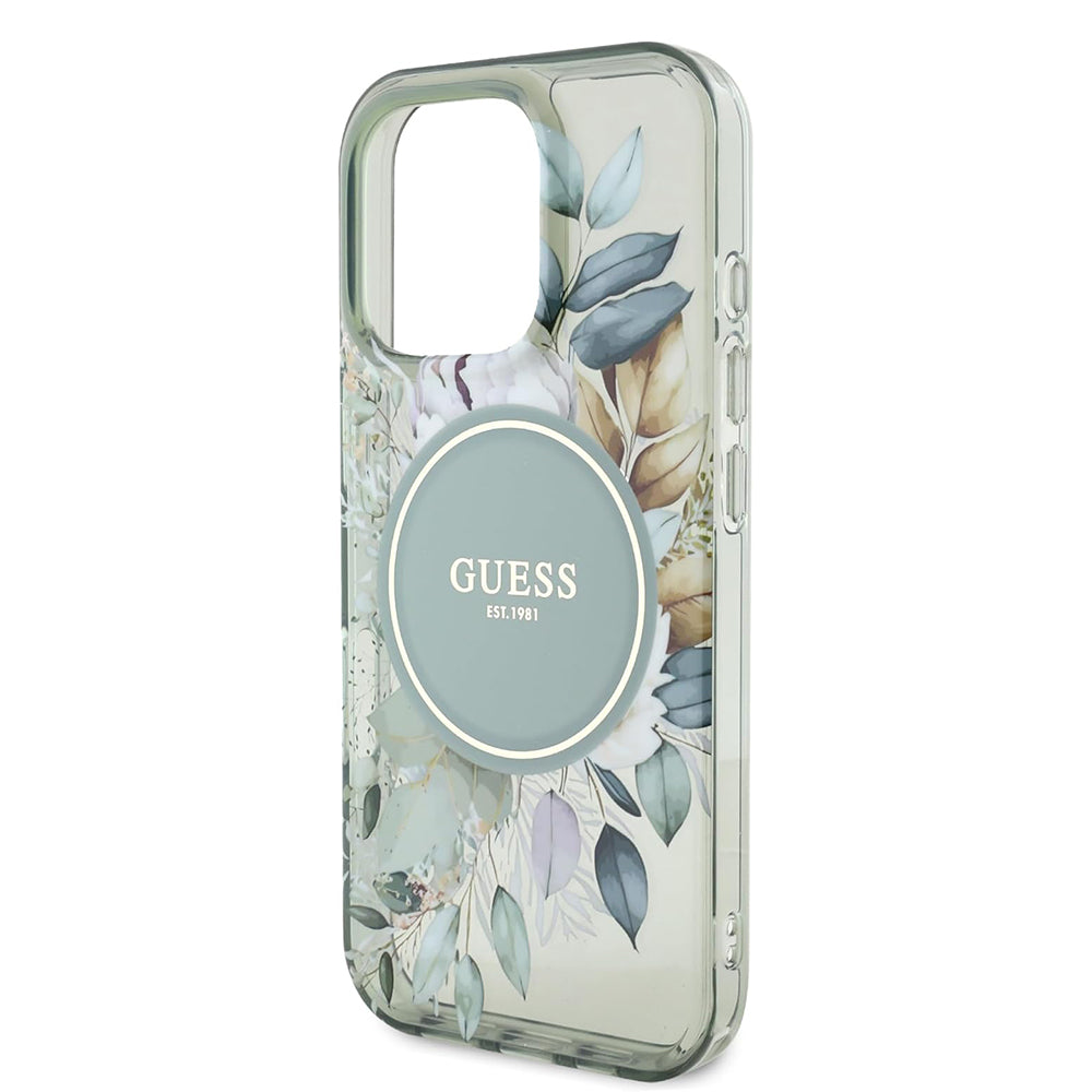 Coque MagSafe pour Apple iPhone 16 Pro, Guess, IML Flower & Tonal Circle, Vert