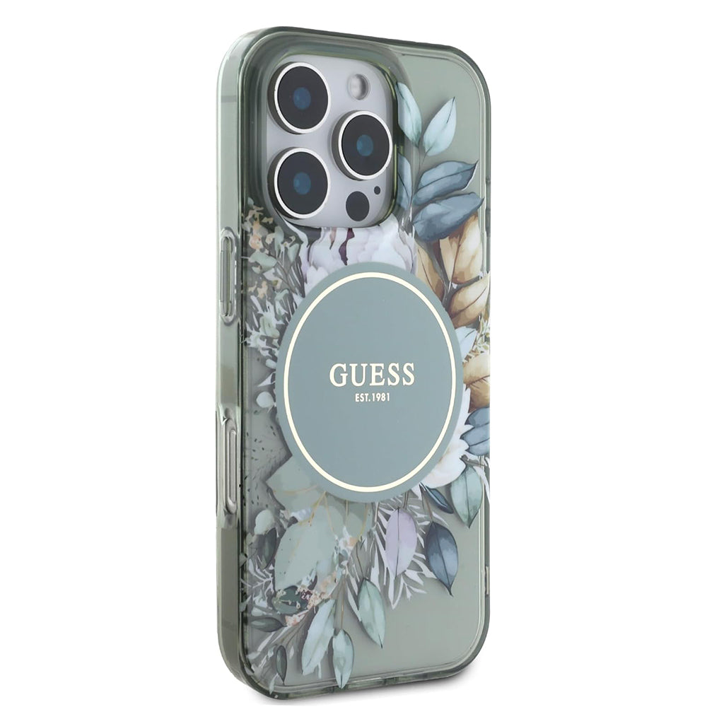Coque MagSafe pour Apple iPhone 16 Pro, Guess, IML Flower & Tonal Circle, Vert