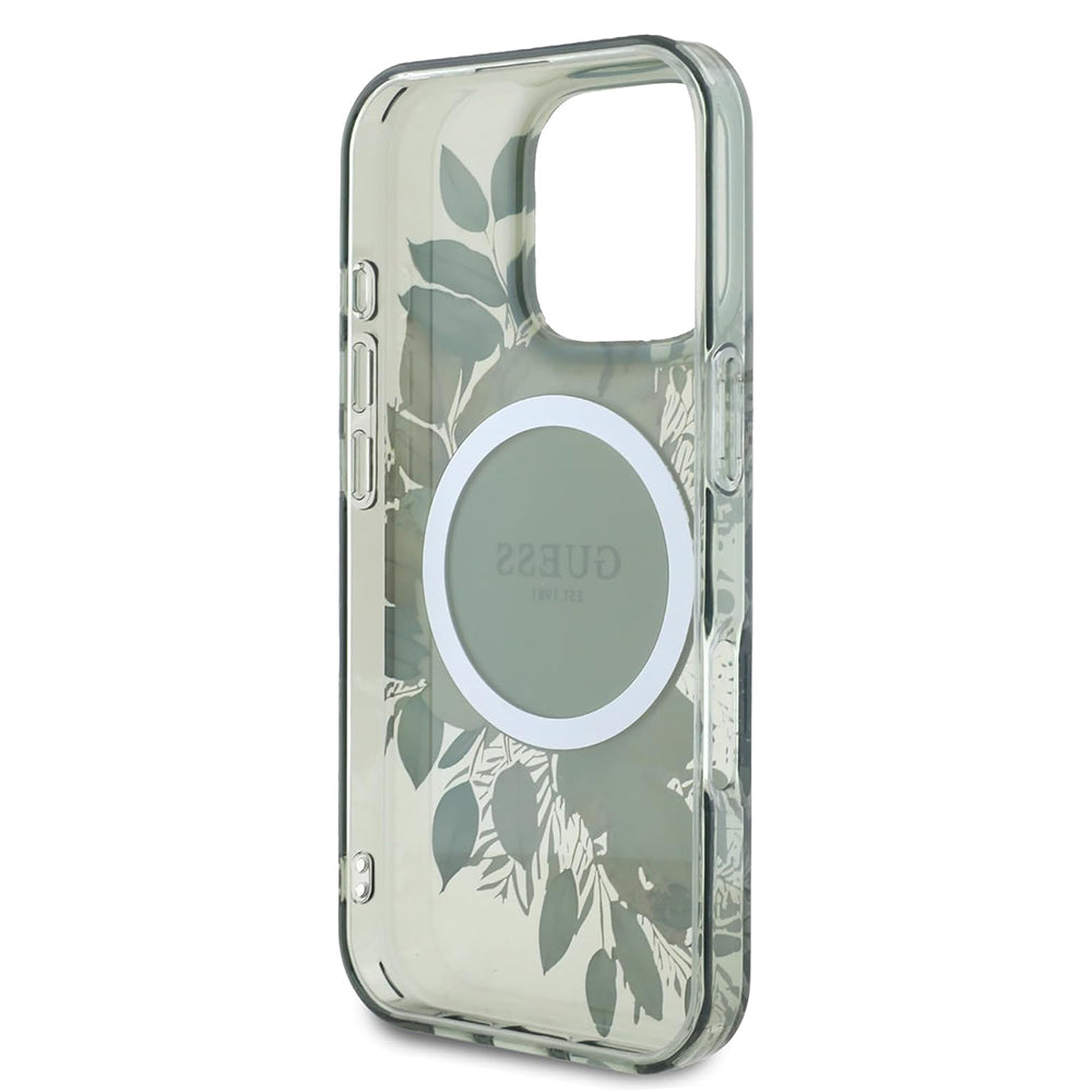 Coque MagSafe pour Apple iPhone 16 Pro, Guess, IML Flower & Tonal Circle, Vert