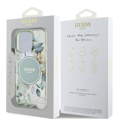 Coque MagSafe pour Apple iPhone 16 Pro, Guess, IML Flower & Tonal Circle, Vert